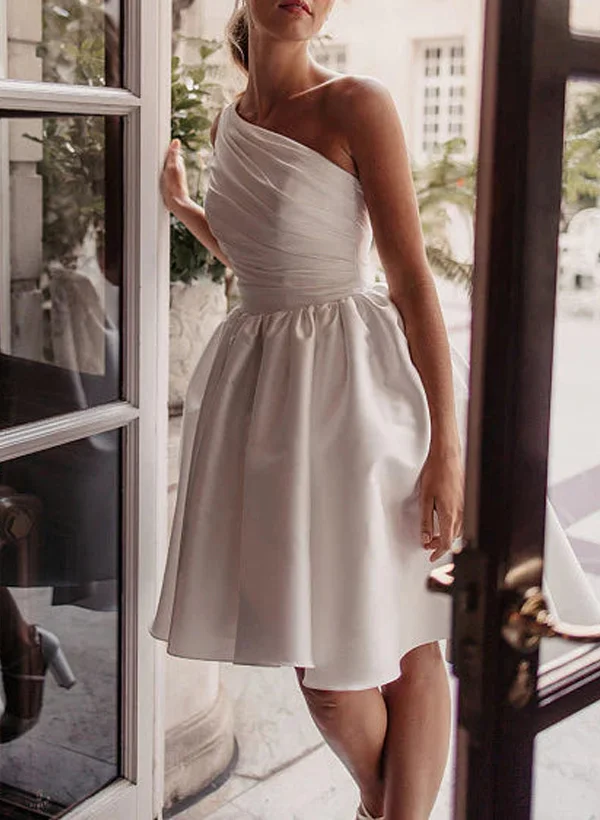 open lace back dress Ivory Mini Elopement Dress - Off One Shoulder Wedding Dress - Short Length Wedding Dress with Lace Plus Size main image 1
