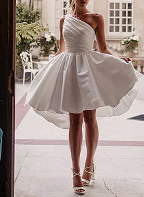 A-Line One-Shoulder Sleeveless Short/Mini Satin Wedding Dresses