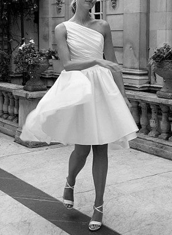 Missacc Ivory Bride A-Line One-Shoulder Sleeveless Short/Mini Satin Wedding Dresses