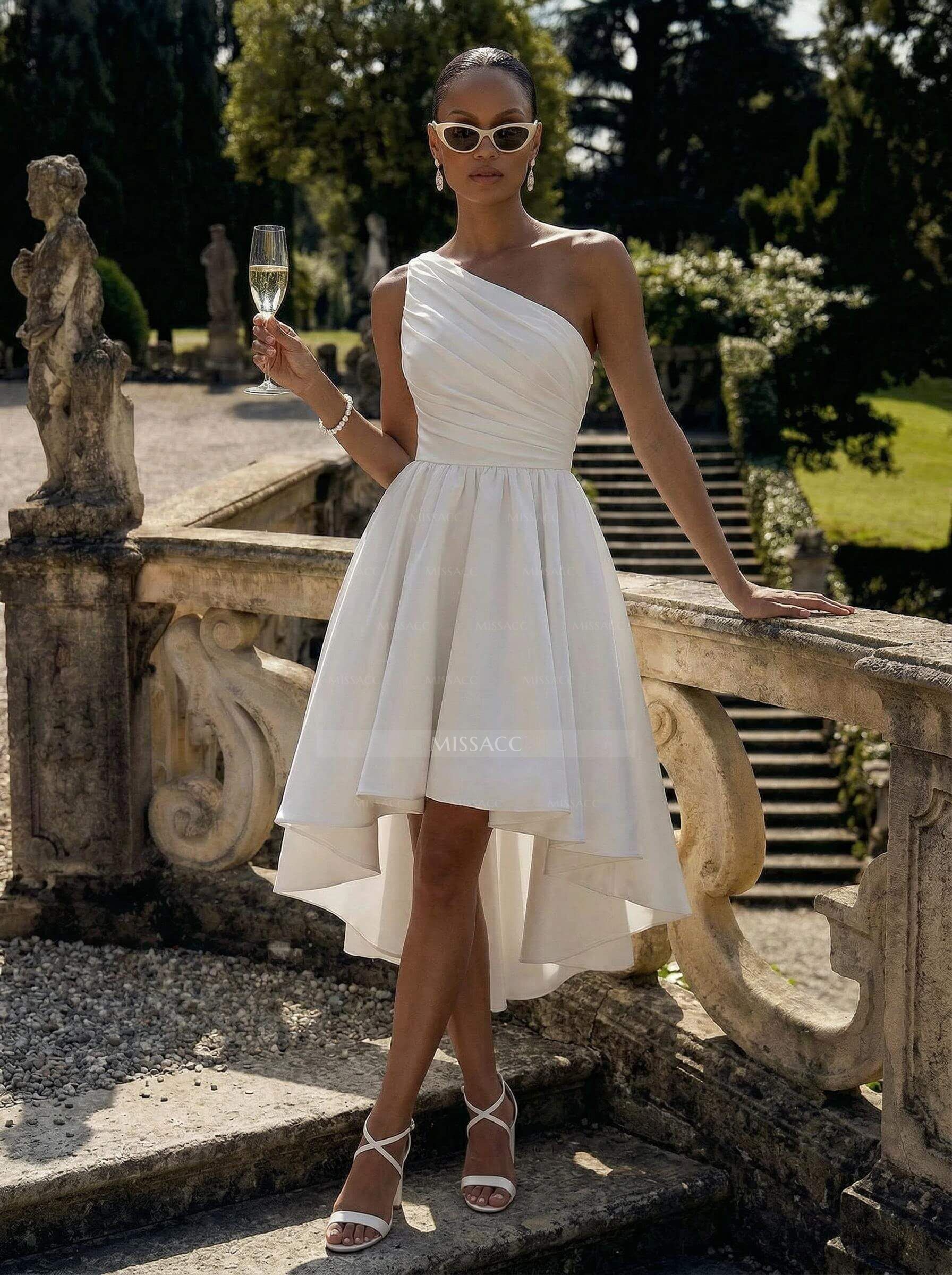 A-Line One-Shoulder Sleeveless Short/Mini Satin Wedding Dresses