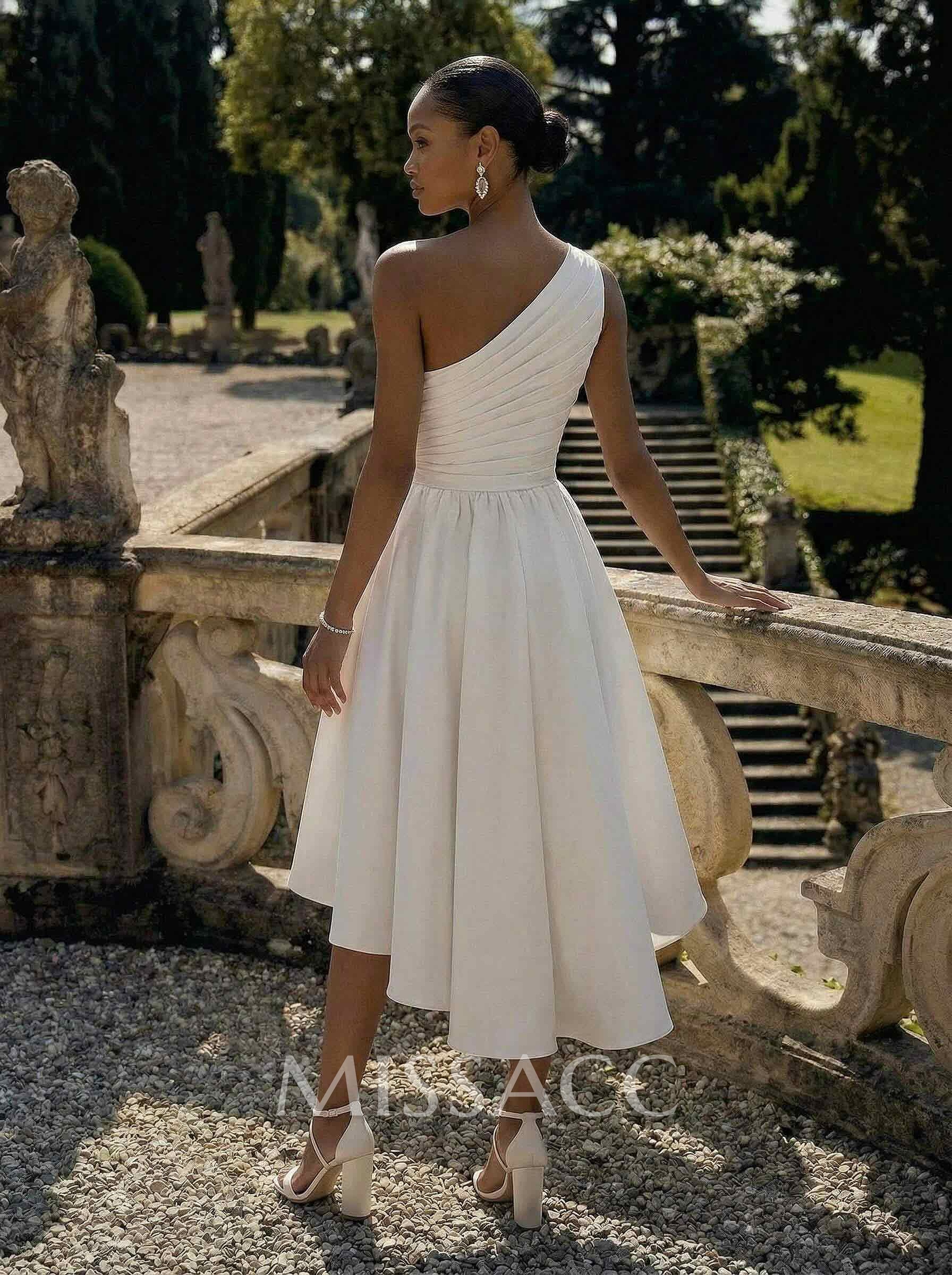 A-Line One-Shoulder Sleeveless Short/Mini Satin Wedding Dresses