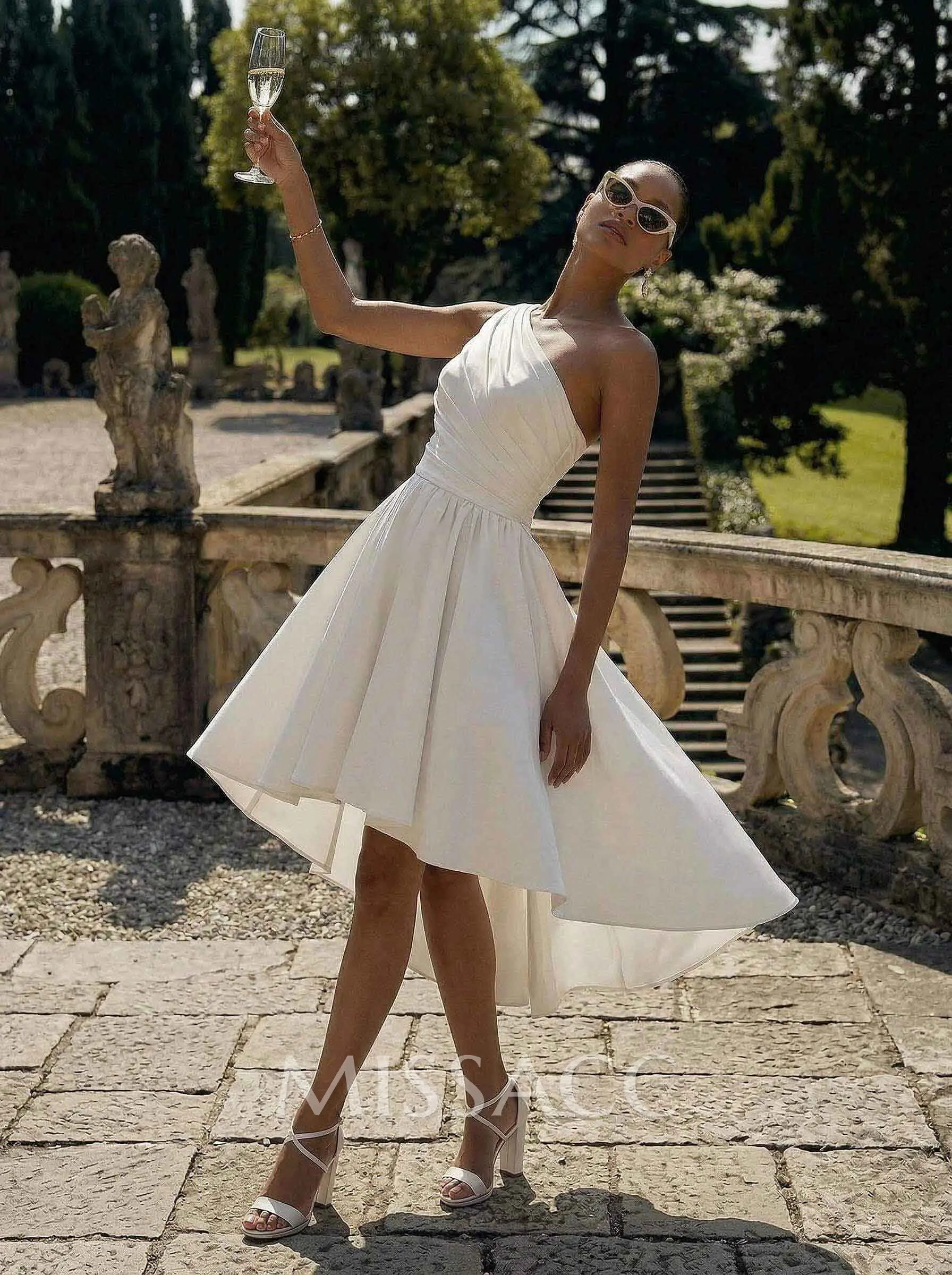 sleeveless off the shoulder women's short white wedding dresses KissProm A-Line Off-The-Shoulder Mini Organza Dresses, Diamond / 10 style bodice with a sultry illusion effect Off-Shoulder Sleeveless Pleated Sleek A-Line