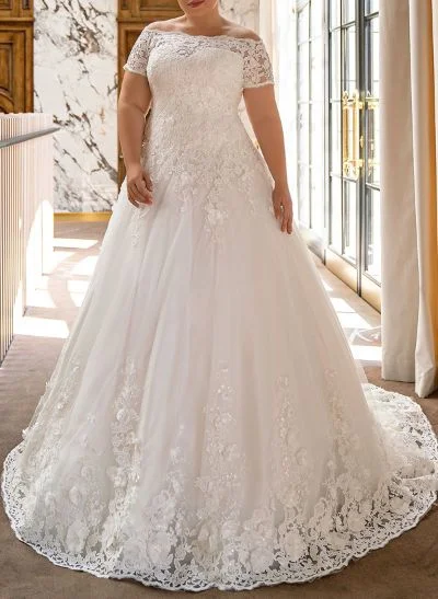 Plus Size A-Line Off-The-Shoulder Court Train Tulle Wedding Dresses With Lace