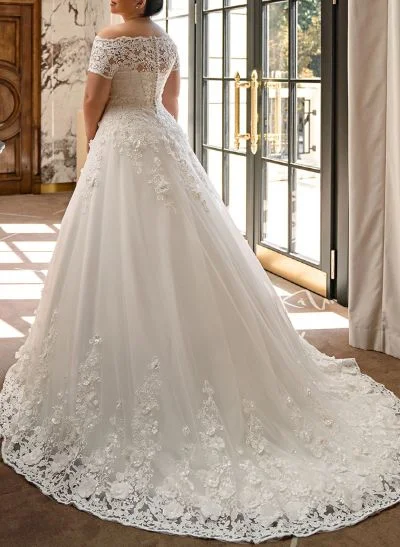 Plus Size A-Line Off-The-Shoulder Court Train Tulle Wedding Dresses With Lace