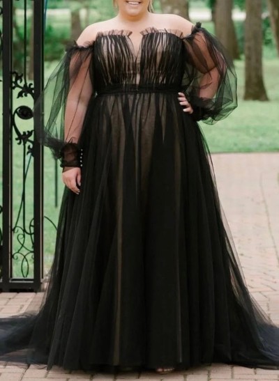 Plus Size A-Line Off-The-Shoulder Long Sleeves Court Train Tulle Wedding Dresses