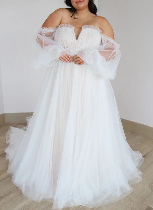 Plus Size A-Line Off-The-Shoulder Long Sleeves Court Train Tulle Wedding Dresses - Missacc Plus Size A-Line Off-The-Shoulder Long Sleeves Court Train Tulle Wedding Dresses - Missacc