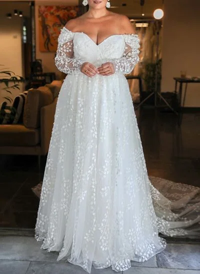 Plus Size A-Line Off-The-Shoulder Court Train Tulle Wedding Dresses With Lace