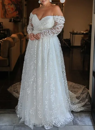 Plus Size A-Line Off-The-Shoulder Court Train Tulle Wedding Dresses With Lace