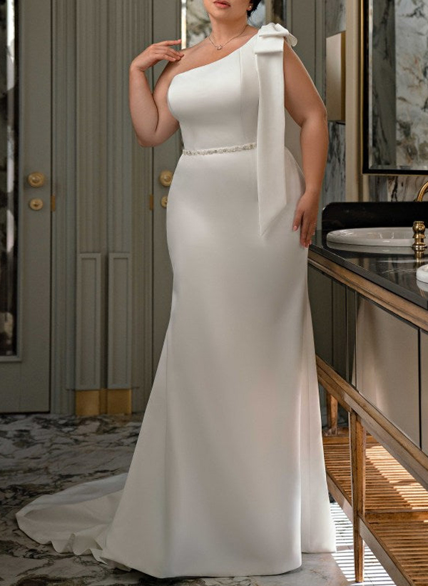 Plus Size Trumpet/Mermaid One-Shoulder Satin Wedding Dresses With Bow(s)