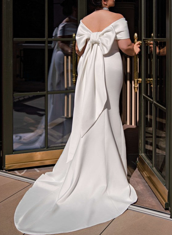 Plus Size Trumpet/Mermaid Off-The-Shoulder Satin Wedding Dresses With Bow(s)