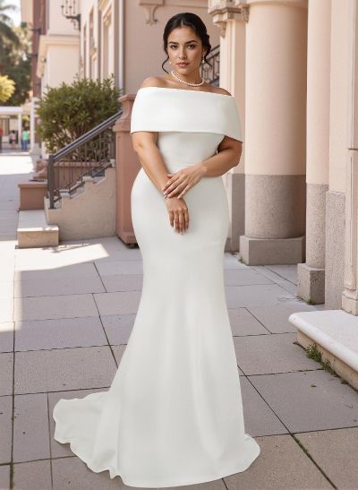 Plus Size Trumpet/Mermaid Off-The-Shoulder Satin Wedding Dresses With Bow(s)