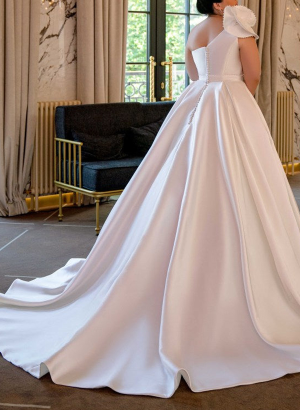 Plus Size A-Line One-Shoulder Court Train Satin Wedding Dresses With Flower(s)