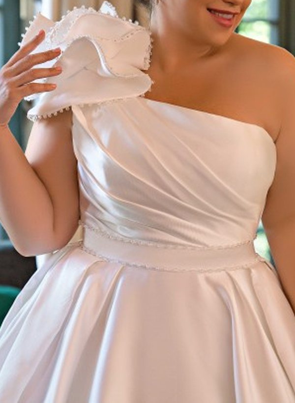 Plus Size A-Line One-Shoulder Court Train Satin Wedding Dresses With Flower(s)