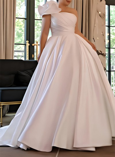 Plus Size A-Line One-Shoulder Court Train Satin Wedding Dresses With Flower(s)