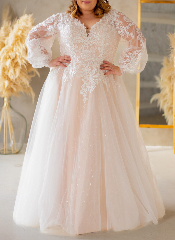 Plus Size A-Line V-Neck Floor-Length Tulle Wedding Dresses With Lace