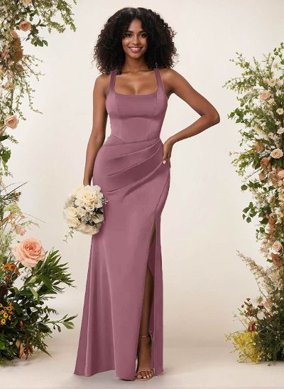 Sheath/Column Square Neckline Matte Satin Bridesmaid Dresses With High Split