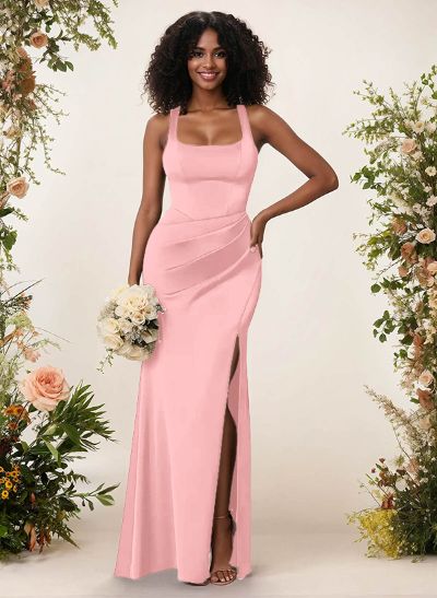 Sheath/Column Square Neckline Matte Satin Bridesmaid Dresses With High Split