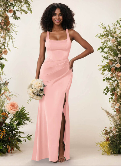 Sheath/Column Square Neckline Crepe Satin Bridesmaid Dresses With High Split