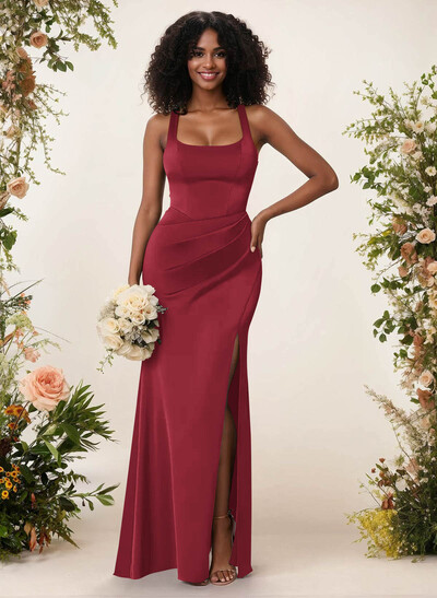 Sheath/Column Square Neckline Crepe Satin Bridesmaid Dresses With High Split
