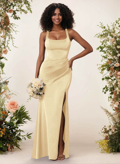 Sheath/Column Square Neckline Crepe Satin Bridesmaid Dresses With High Split