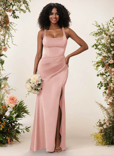 Sheath/Column Square Neckline Crepe Satin Bridesmaid Dresses With High Split