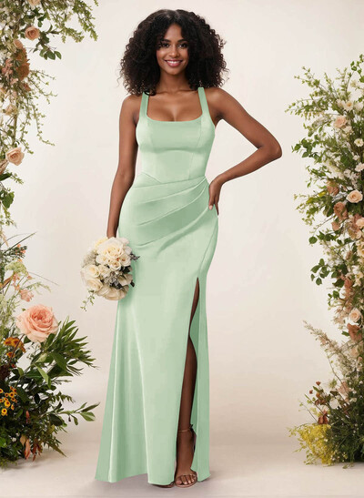 Sheath/Column Square Neckline Crepe Satin Bridesmaid Dresses With High Split