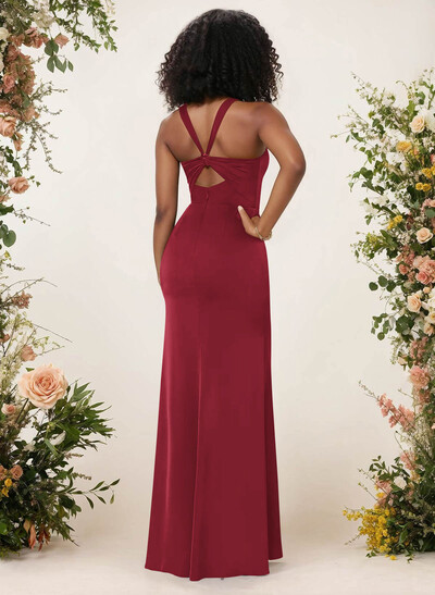 Sheath/Column Square Neckline Crepe Satin Bridesmaid Dresses With High Split