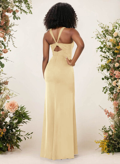 Sheath/Column Square Neckline Crepe Satin Bridesmaid Dresses With High Split