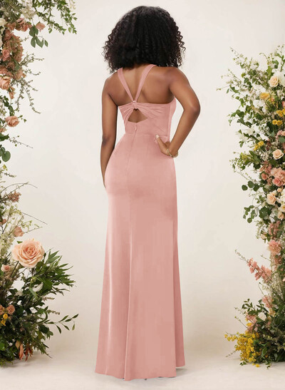 Sheath/Column Square Neckline Crepe Satin Bridesmaid Dresses With High Split