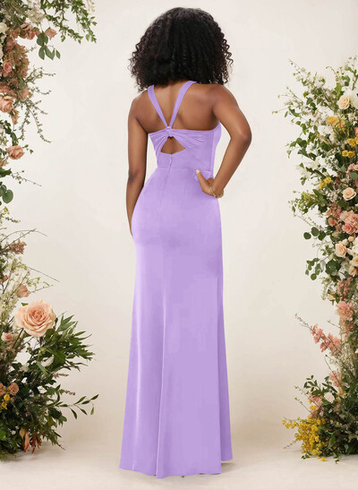 Sheath/Column Square Neckline Crepe Satin Bridesmaid Dresses With High Split