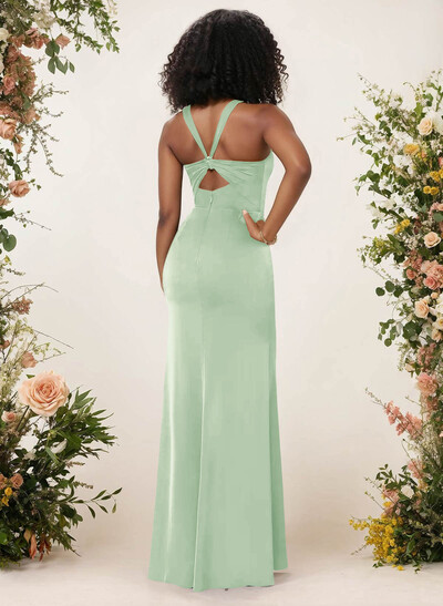 Sheath/Column Square Neckline Crepe Satin Bridesmaid Dresses With High Split