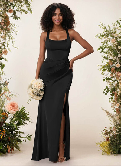 Sheath/Column Square Neckline Crepe Satin Bridesmaid Dresses With High Split