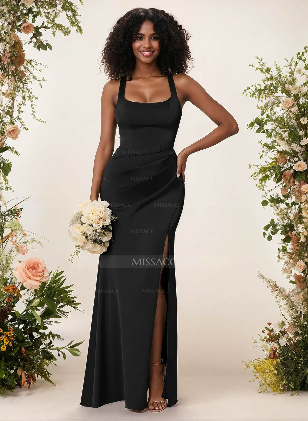 Sheath/Column Square Neckline Crepe Satin Bridesmaid Dresses With High Split