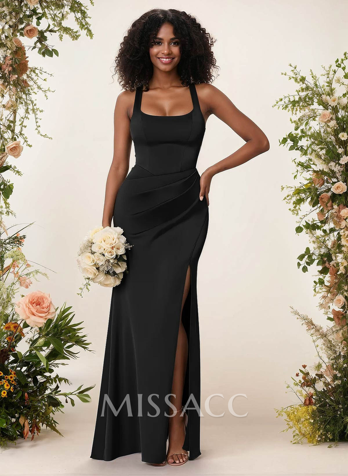 Sheath/Column Square Neckline Crepe Satin Bridesmaid Dresses With High Split Sheath/Column Square Neckline Crepe Satin Bridesmaid Dresses With High Split
