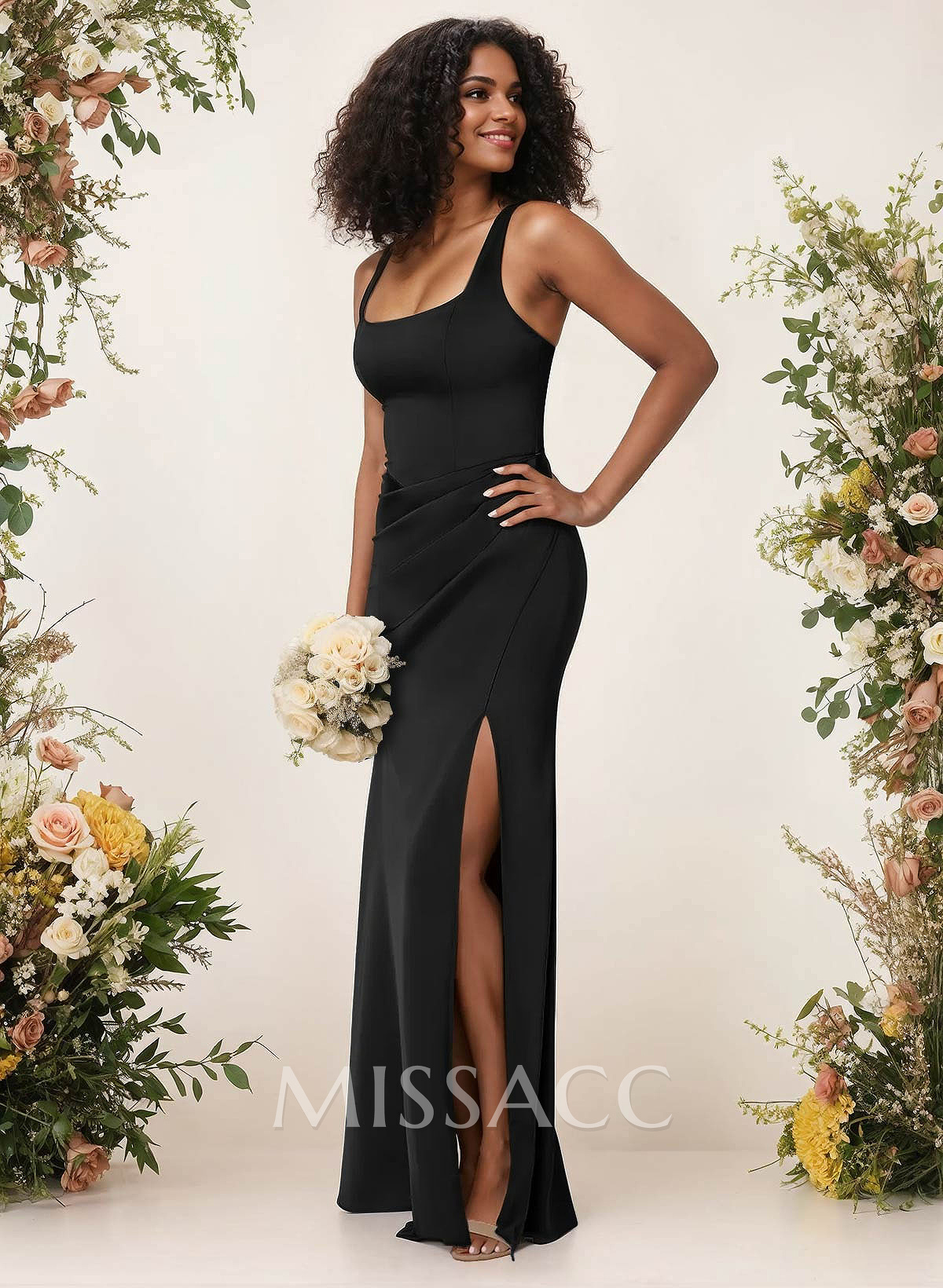 Sheath/Column Square Neckline Crepe Satin Bridesmaid Dresses With High Split Sheath/Column Square Neckline Crepe Satin Bridesmaid Dresses With High Split