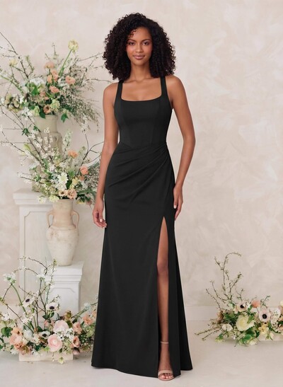 Sheath/Column Square Neckline Crepe Satin Bridesmaid Dresses With High Split