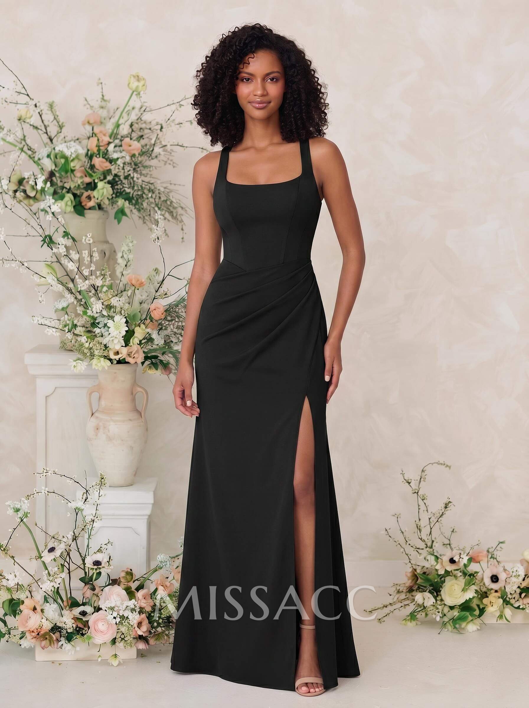 Sheath/Column Square Neckline Crepe Satin Bridesmaid Dresses With High Split Sheath/Column Square Neckline Crepe Satin Bridesmaid Dresses With High Split