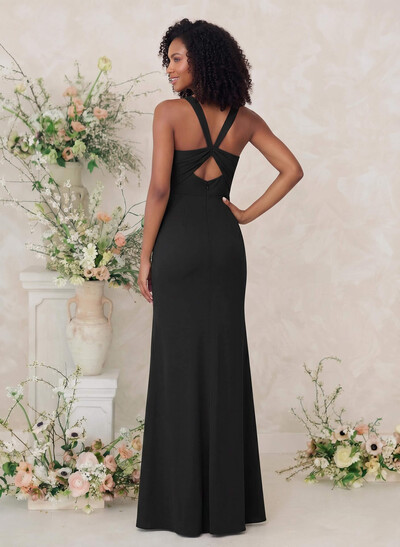 Sheath/Column Square Neckline Crepe Satin Bridesmaid Dresses With High Split