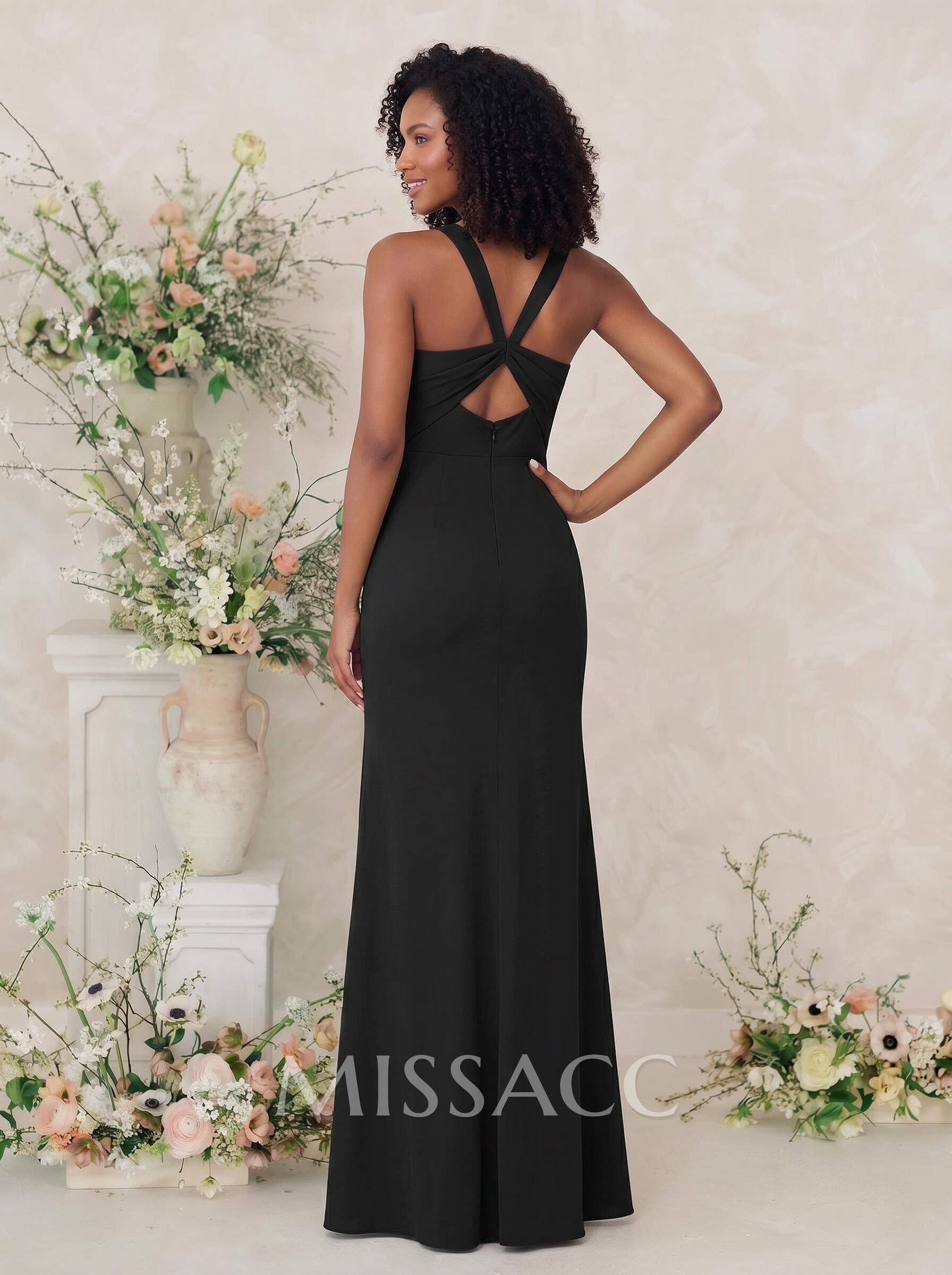 Sheath/Column Square Neckline Crepe Satin Bridesmaid Dresses With High Split Sheath/Column Square Neckline Crepe Satin Bridesmaid Dresses With High Split