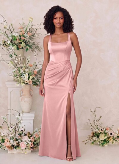 Sheath/Column Square Neckline Crepe Satin Bridesmaid Dresses With High Split
