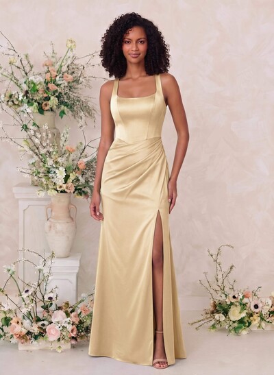Sheath/Column Square Neckline Crepe Satin Bridesmaid Dresses With High Split