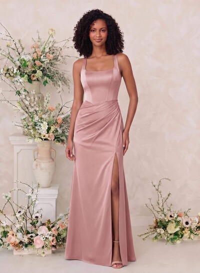 Sheath/Column Square Neckline Crepe Satin Bridesmaid Dresses With High Split