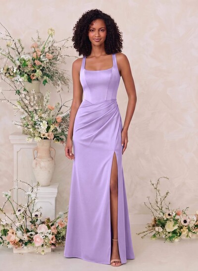 Sheath/Column Square Neckline Crepe Satin Bridesmaid Dresses With High Split
