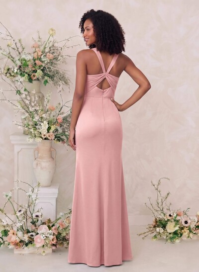 Sheath/Column Square Neckline Crepe Satin Bridesmaid Dresses With High Split