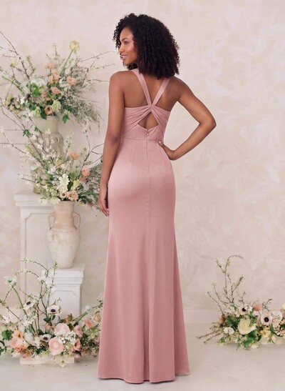 Sheath/Column Square Neckline Crepe Satin Bridesmaid Dresses With High Split