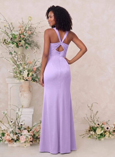 Sheath/Column Square Neckline Crepe Satin Bridesmaid Dresses With High Split