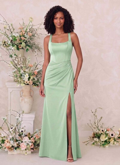 Sheath/Column Square Neckline Crepe Satin Bridesmaid Dresses With High Split