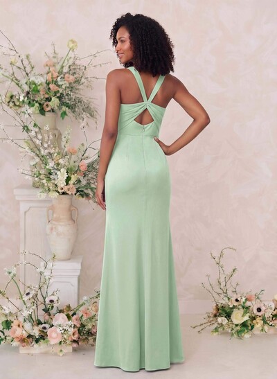 Sheath/Column Square Neckline Crepe Satin Bridesmaid Dresses With High Split