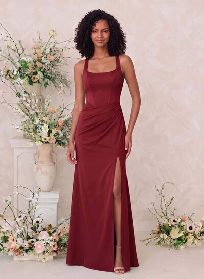 Sheath/Column Square Neckline Crepe Satin Bridesmaid Dresses With High Split