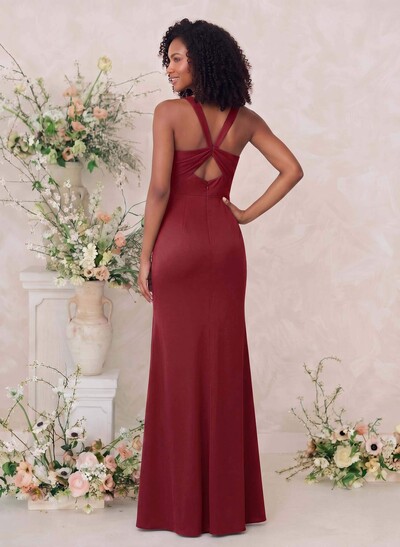 Sheath/Column Square Neckline Crepe Satin Bridesmaid Dresses With High Split